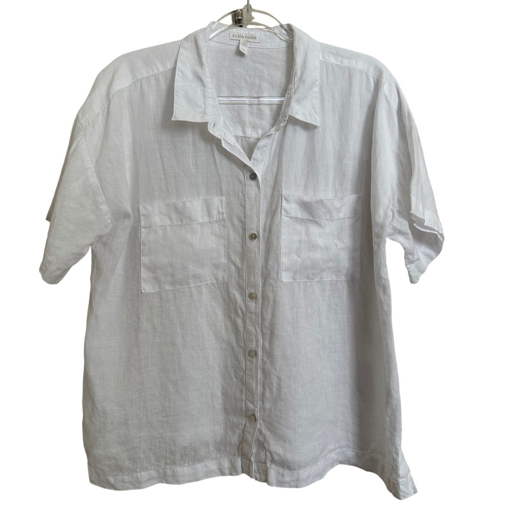 Eileen Fisher 100% Organic Linen White Button Down Shirt Short Sleeve M - Picture 1 of 5
